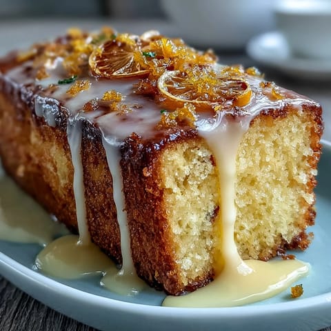 Golden limoncello pound cake topped with a glossy lemon glaze, perfect for spring dessert tables.