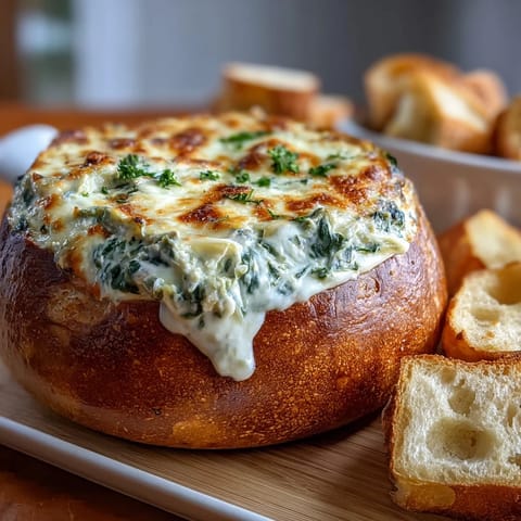 Festive spinach artichoke dip baked in a golden sourdough bread bowl, perfect for St. Patrick's Day parties.