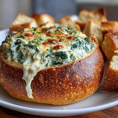 St. Patrick's Day Spinach Artichoke Dip Bread Bowl with melted cheese and crusty sourdough.