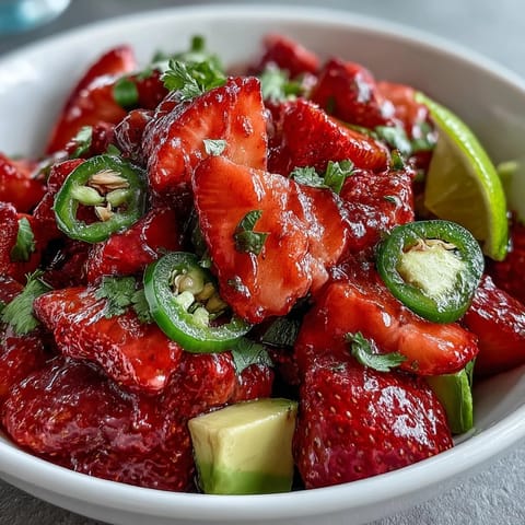 Refreshing strawberry salsa with lime and jalapeño, perfect for topping tacos or serving with crispy tortilla chips.  
