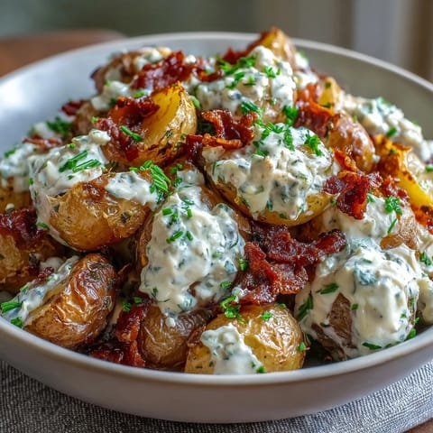 A hearty BBQ baby shower loaded baked potato salad with smoky bacon, cheddar, and fresh herbs.  