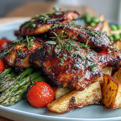 Healthy Easy Sheet Pan Chicken with Spring Veggies sizzling on a colorful tray with asparagus, tomatoes, and carrots.