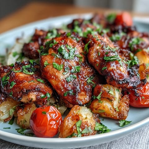 Vibrant spring sheet pan chicken dinner with zucchini and cherry tomatoes, roasted to juicy perfection in a lemony herb marinade.