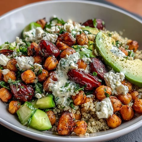 Fresh lemon vinaigrette grain bowls with roasted chickpeas, colorful veggies, and creamy avocado slices for a healthy, plant-based meal.  