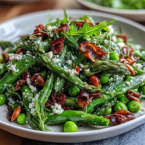 Vibrant shaved asparagus and pea salad with lemon dressing, fresh spring greens, and Parmesan shavings in a bright bowl.