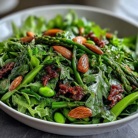 A vibrant spring green salad with honey mustard dressing, topped with crunchy toasted almonds and fresh herbs for a refreshing bite.