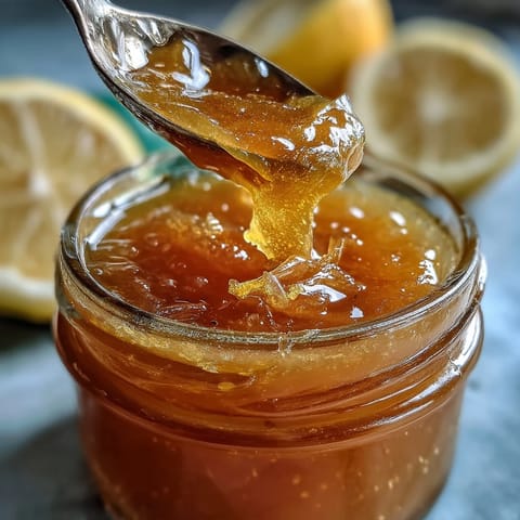 Vibrant dandelion jelly with lemon and honey glows golden in a glass jar, perfect for toast or yogurt.  