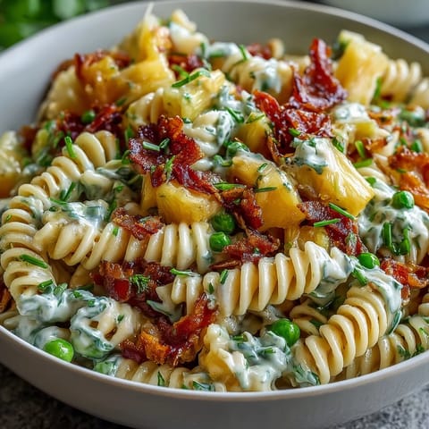 Tropical Hawaiian pasta salad with ham, pineapple, and ranch dressing, loaded with colorful vegetables and a creamy finish.