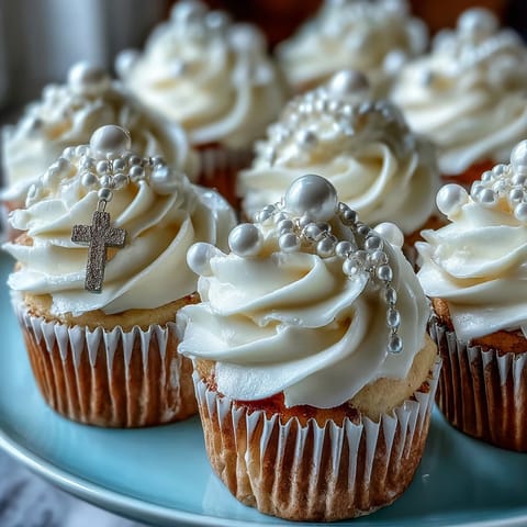 Close-up of delicate mini vanilla cupcakes topped with smooth buttercream and elegant fondant rosary toppers, perfect for a First Communion celebration.