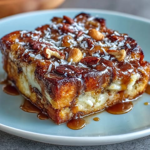 Layers of capirotada Mexicana with dried fruit, cinnamon, and melted cheese baked to golden perfection in a rich syrup.