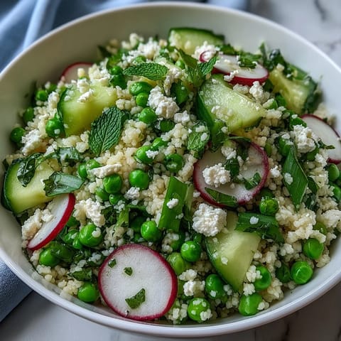 Vibrant Spring Pea and Mint Couscous Salad with fresh peas and herbs, a refreshing Mediterranean side dish perfect for Easter or spring gatherings.