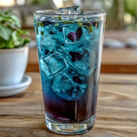 Glass filled with vibrant blue butterfly pea flower lemonade, garnished with lemon slices and ice, ready to transform color when citrus is added.