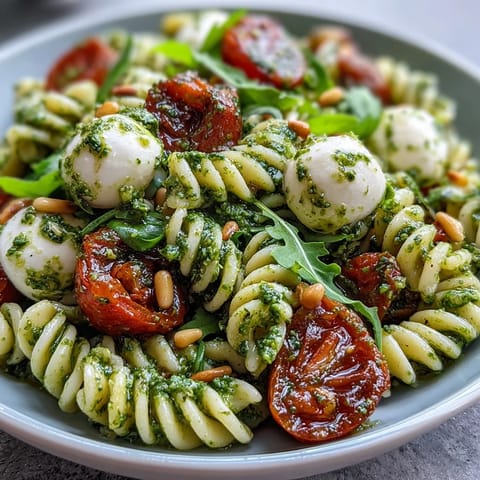 Fresh summer pasta salad with pesto, cherry tomatoes, and mozzarella, served on a white plate with vibrant green basil leaves.