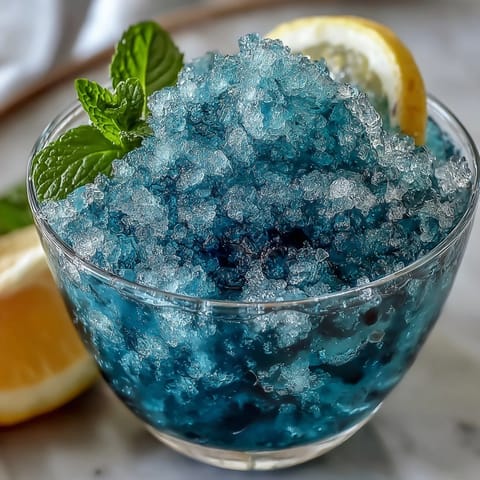 A vibrant blue raspberry lemonade slushie served in a frosty glass, garnished with fresh lemon slices and mint leaves.