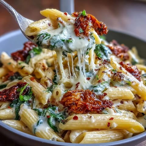 One-Pot Tuscan Pasta with spinach and sun-dried tomatoes in a creamy Parmesan sauce.  
