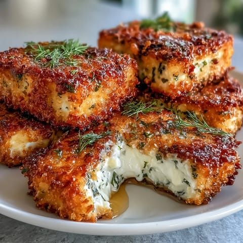 Crispy breaded feta with golden panko crust, drizzled with honey and fresh herbs.
