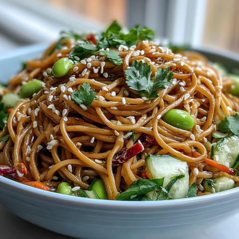 Cold sesame ginger noodle bowl with vibrant vegetables and a zesty dressing, perfect for a light and refreshing meal.  