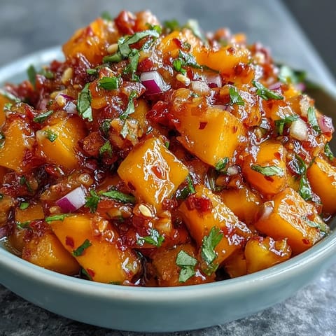 Vibrant mango habanero salsa with juicy mango, spicy habanero, and fresh cilantro in a colorful bowl.  