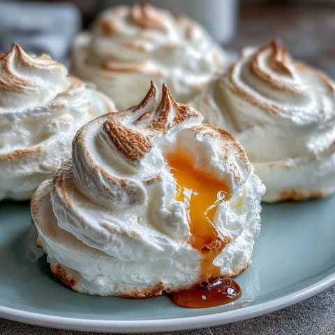 Fluffy baked cloud eggs with golden yolks nestled in airy whites, garnished with fresh chives and Parmesan.