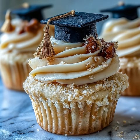 Festive graduation cupcakes adorned with edible black and gold fondant caps.