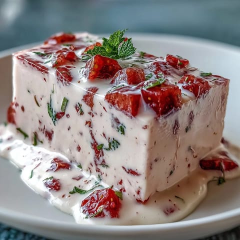 Vibrant strawberry rose gelatin mosaic cake with creamy swirls, perfect for dessert.