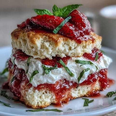 Golden Strawberry Basil Shortcake Biscuits topped with fresh berries and cream.