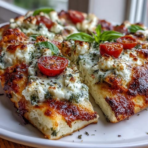 Golden baked viral cottage cheese flatbread, swirled with pesto and sweet tomatoes.