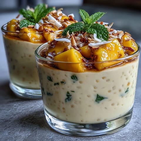 Luscious Skyr Protein Chia Pudding layered with sweet, fresh mango fruit, a delightful treat.