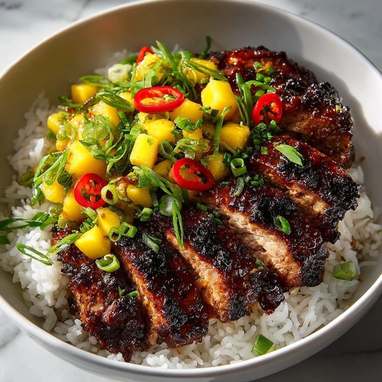 Close-up of delicious, spicy homemade Jamaican Jerk Chicken Rice Bowls ready to enjoy.