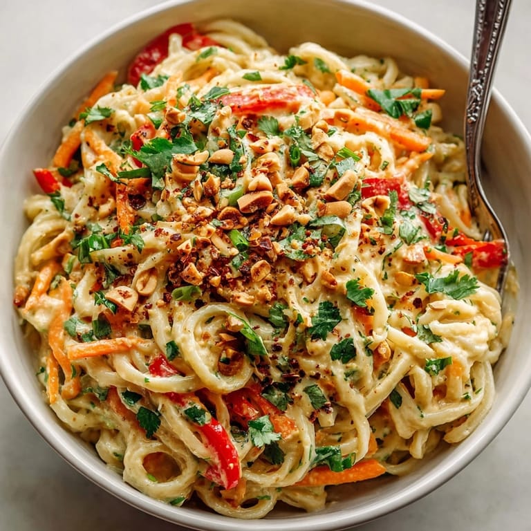 Delicious Thai peanut noodle salad, tossed with fresh herbs and a tangy dressing.