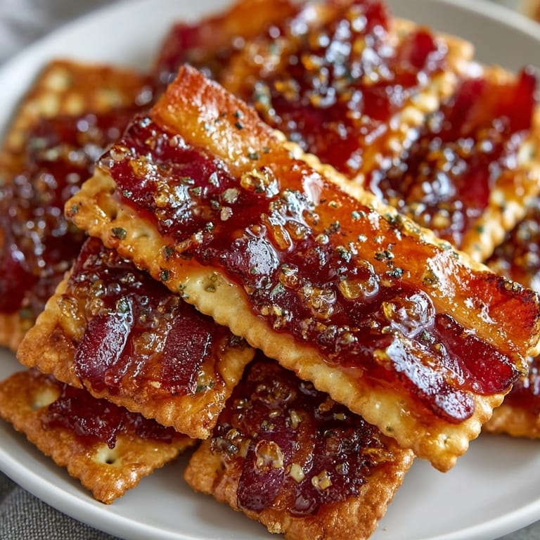 Close-up of crispy Maple Candied Bacon Crackers, a tantalizing appetizer with glazed bacon.