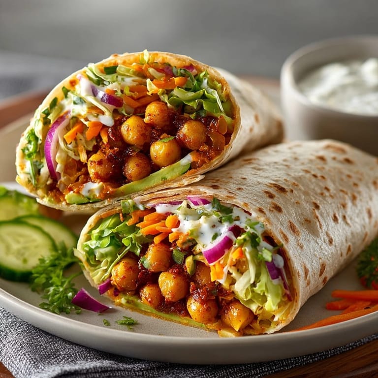 Easy Buffalo Chickpea Wrap recipe, ready to eat, sliced in half revealing filling.