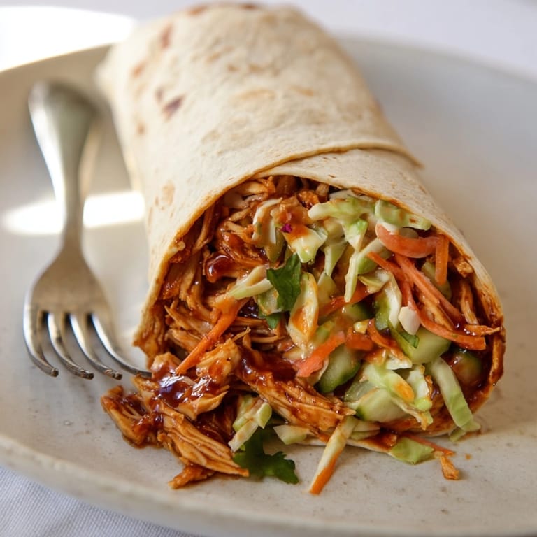 Tangy BBQ Chicken Pickle Slaw Wraps, a delicious lunch, piled high on a plate.