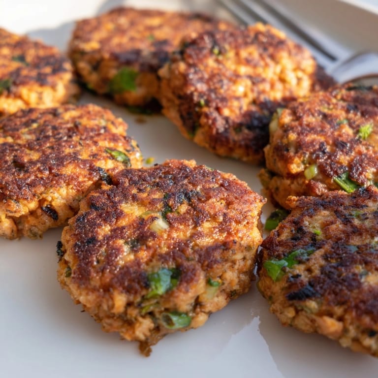 Easy recipe: A stack of juicy homemade Garlic Ginger Salmon Patties with herbs.