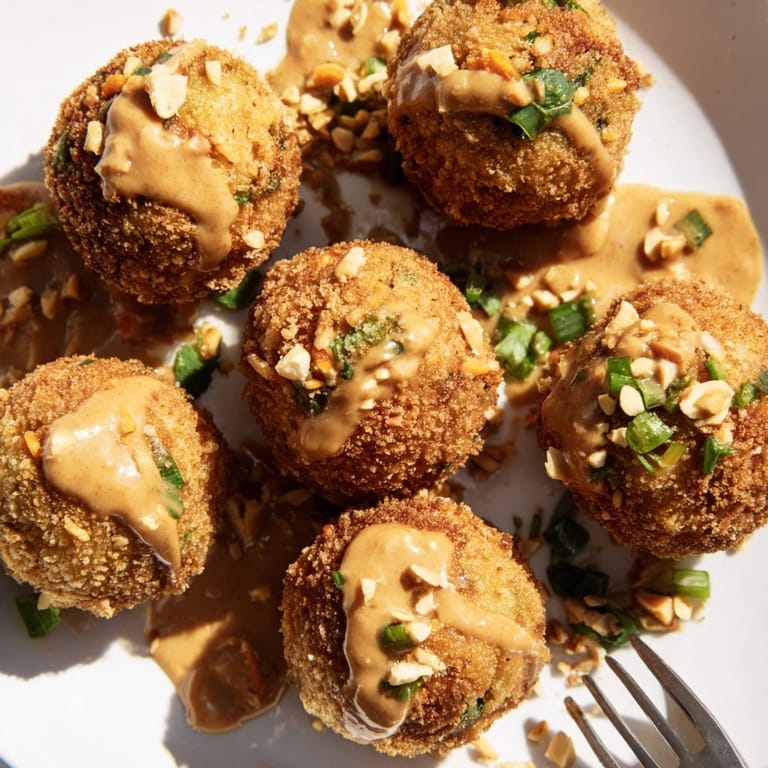 Homemade Thai Peanut Fried Rice Balls, plated beautifully with fresh herb garnish and peanut dip.