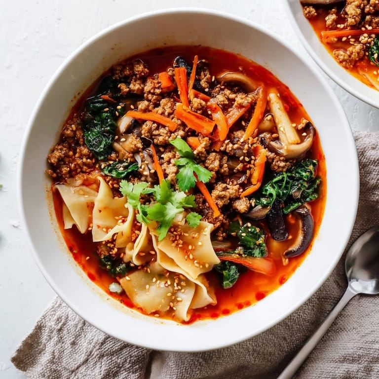 Comforting Spicy Ramen-Inspired Lasagne Soup topped with crunchy sesame seeds and spring onions.  