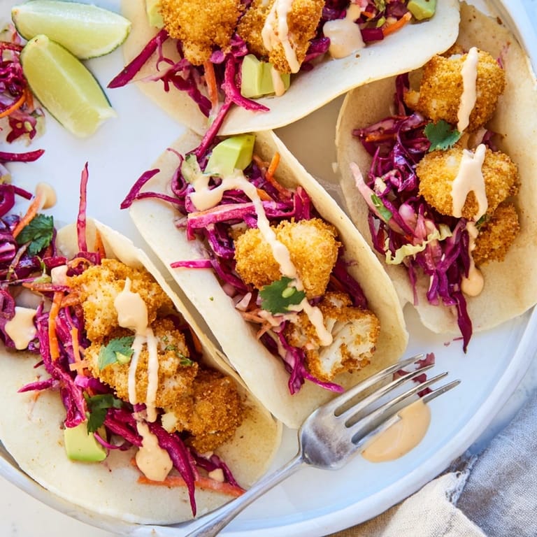 Vibrant tempura cauliflower taco bites in warm tortillas with fresh avocado slices.  