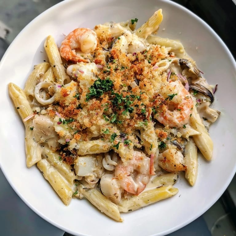Satisfying Japanese seafood pasta bake with shrimp, squid, and umami-rich sauce.