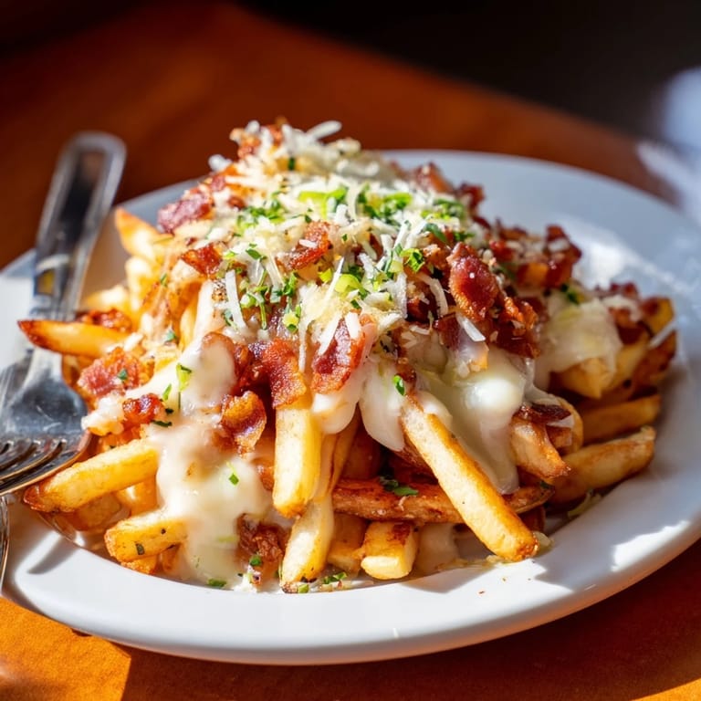 Indulgent truffle oil loaded fries bake, perfectly garnished with fresh parsley and cheese.  