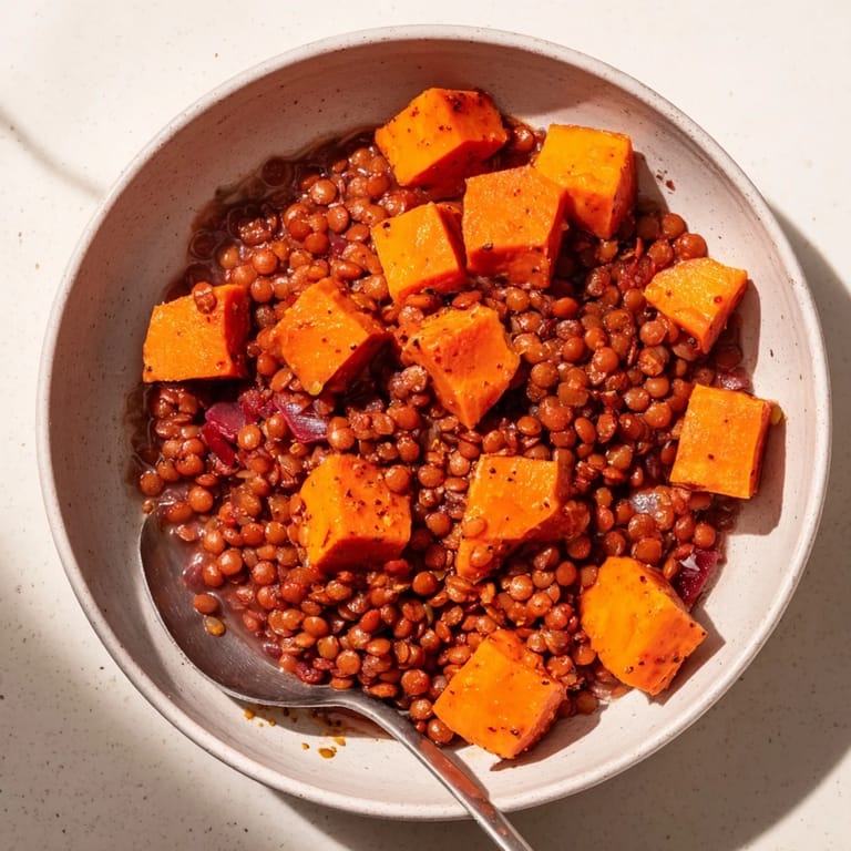 A delicious serving of lentil and sweet potato curry, fragrant and colorful.