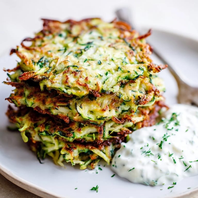 Delicious zucchini fritters with a tangy yogurt dip, ideal for appetizers or snacks.