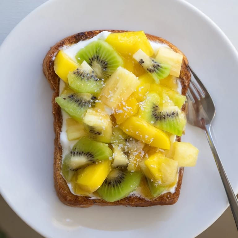 Vibrant yogurt-custard toast drizzled with honey and garnished with kiwi and coconut.