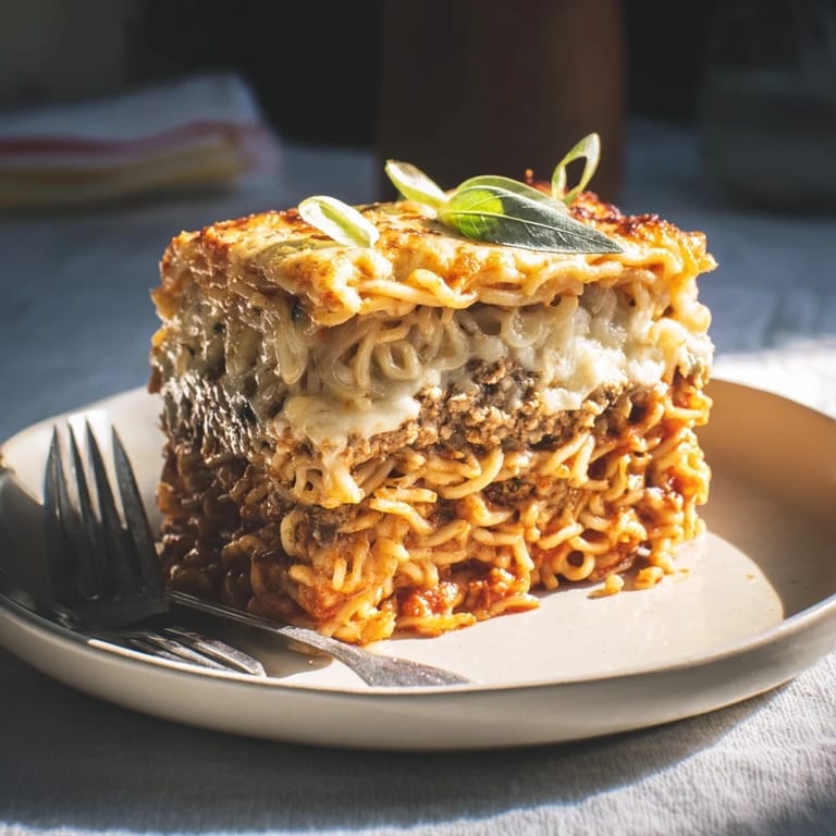 Comforting Spicy Ramen Lasagna showcasing bubbly cheese and vibrant green onions on top.  