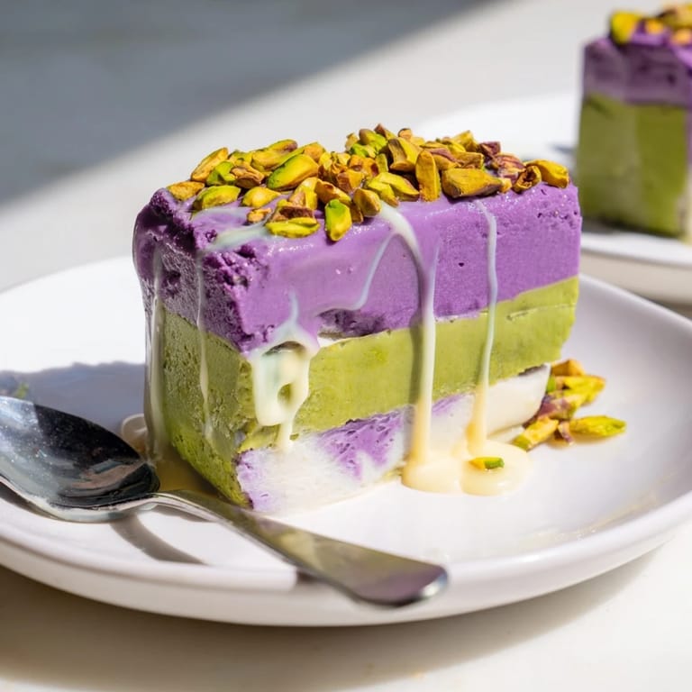 Vibrant ube & pistachio ice cream bars, drizzled with condensed milk and nutty toppings.  