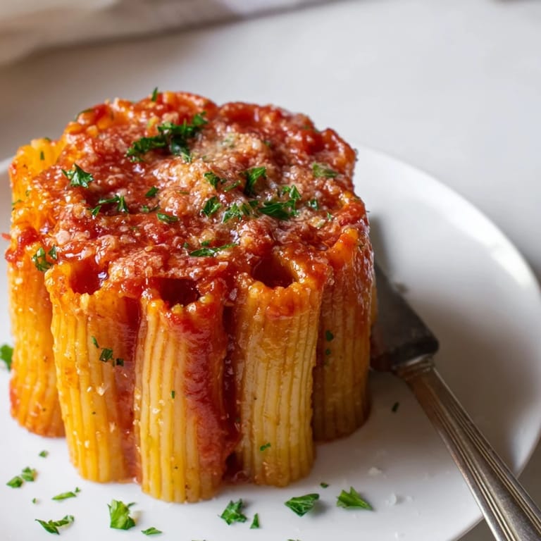 Golden Honeycomb Pasta Cake with upright rigatoni, perfect for a festive dinner party.  