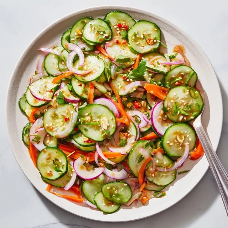 Colorful cucumber salad remix, featuring rice vinegar and spicy red chili for zest.
