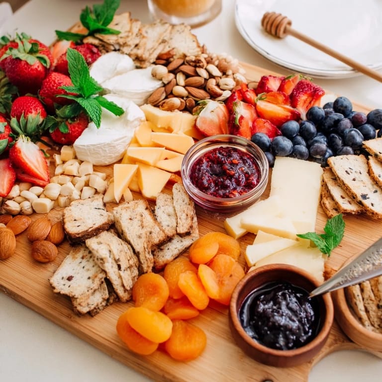 Vibrant jam-infused brunch board featuring fresh berries, creamy cheeses, and rustic breads.