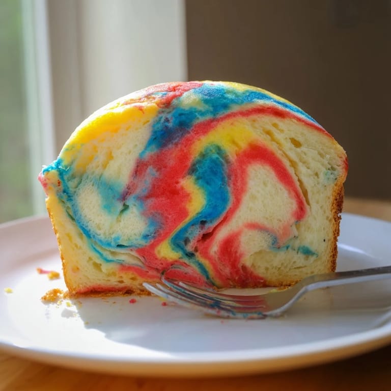 Light and airy Cloud Bread Rainbow Version, drizzled with whipped cream for dessert.