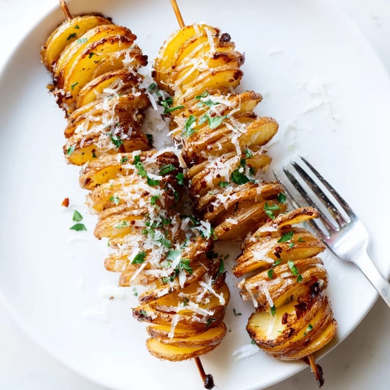 Golden-brown air-fryer tornado potatoes topped with Parmesan and fresh herbs, perfect for sharing.  