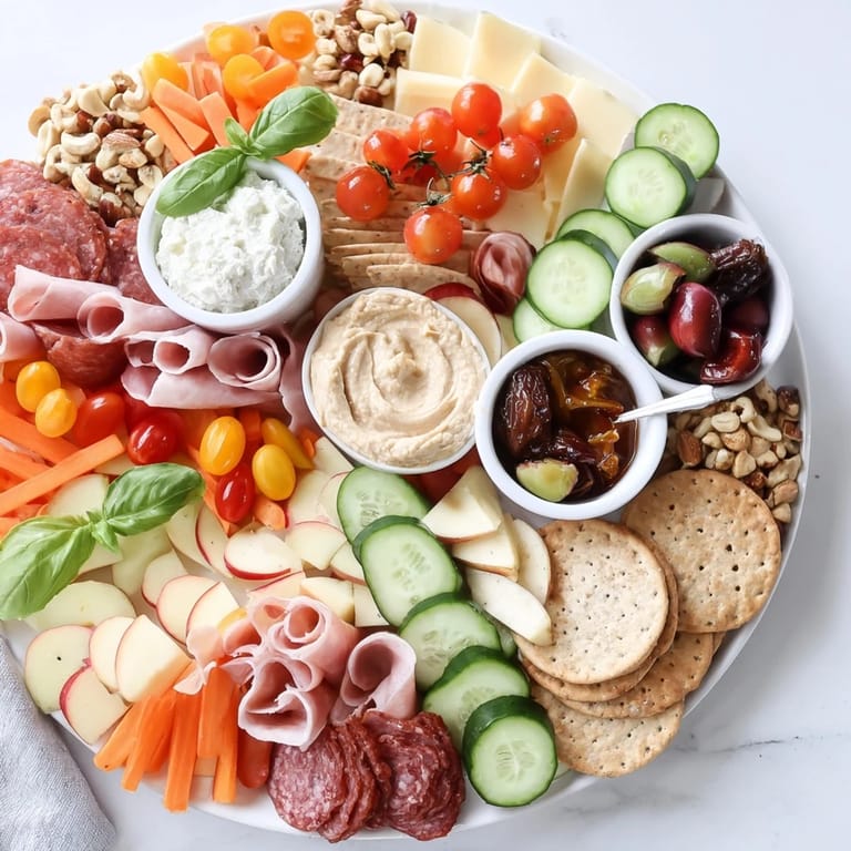 Playful Girl Dinner Platter filled with dips, crunchy snacks, and assorted cheeses.  